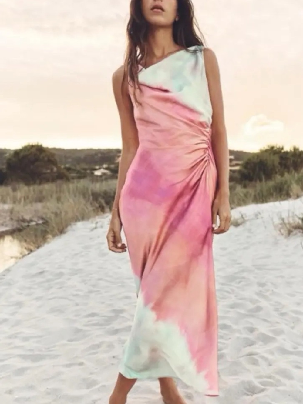 Zara Satin Cocktail Midi Dress Cow Neck